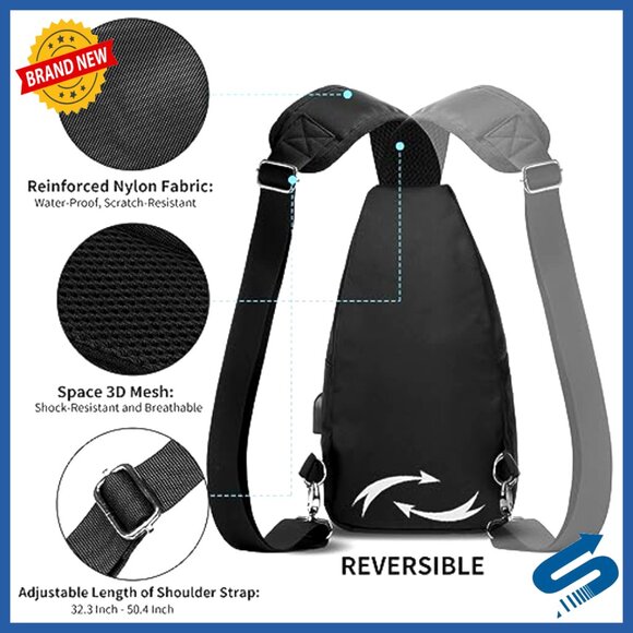 Large Nylon Sling Backpack, Adjustable Strap, Multi-Pocket Daypack for Hiking